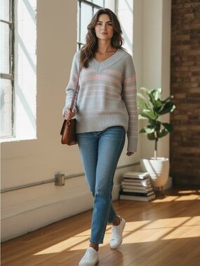 SUZY Shier Light Gray and Soft Pink V-Neck Sweater for women ❄️
